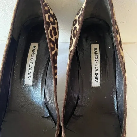 90'S VINTAGE MANOLO BLAHNIK PONY HAIR LEOPARD KITTN HEEL PUMP SZ 40.5 / 10.5 - Picture 5 of 8